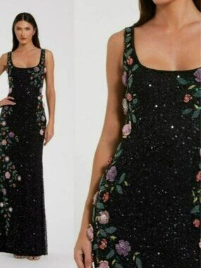 Mac Duggal 9340 Black Floral Beaded Mesh Scoop Neck Sleeveless Gown NWT